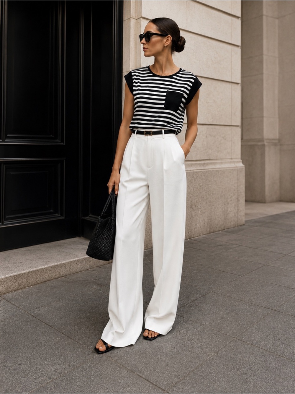 Calvin Klein Black White Stripe Cap Sleeve Blouse French Girl Minimalist Top